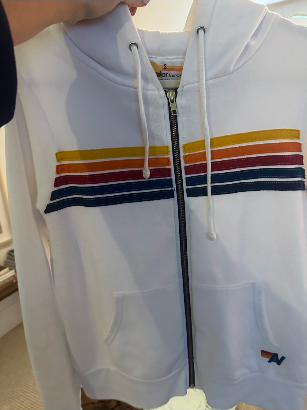 Aviator Nation White Zip Hoodie with Color Stripe Detail